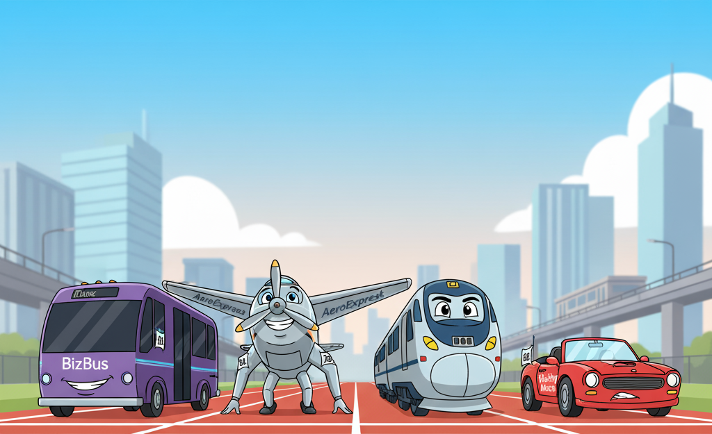 Cartoon of a race between a plane, a train, and car and Bizbus