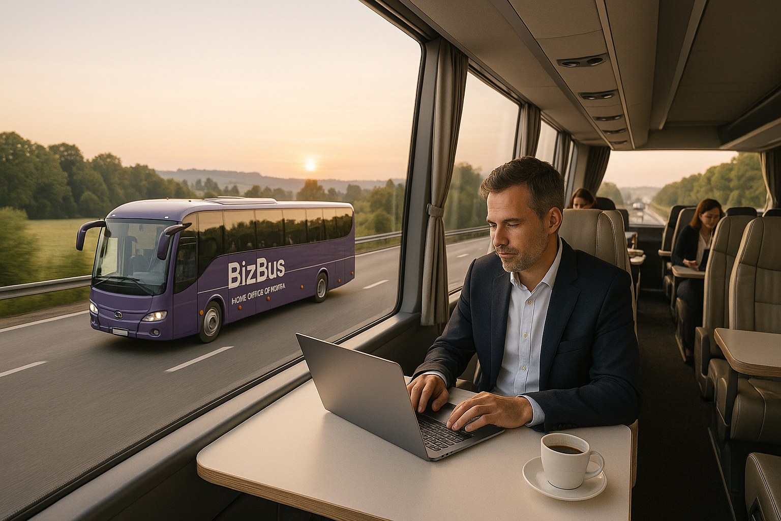 A business man getting work done on a BizBus while enjoying morning coffee.